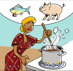 Eat only meat and fish that is well cooked. Be careful that roasted           meat, especially pork and fish, don't have raw parts inside. Raw pork carries dangerous diseases.