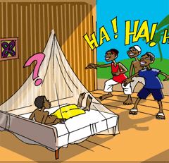 The kids think it's funny to sleep under a net to avoid getting malaria.
